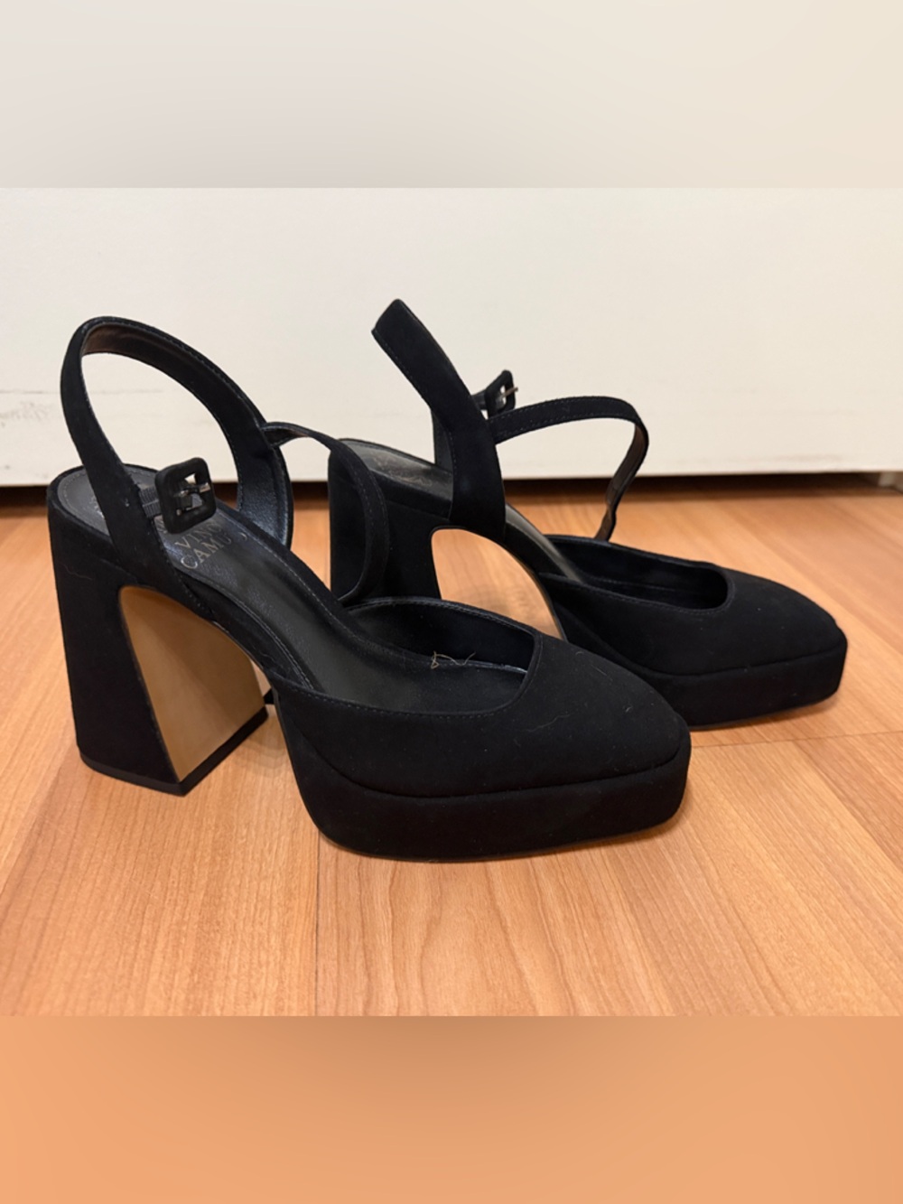 Vince Camuto Black Suede Platform Slingback Block Heels
